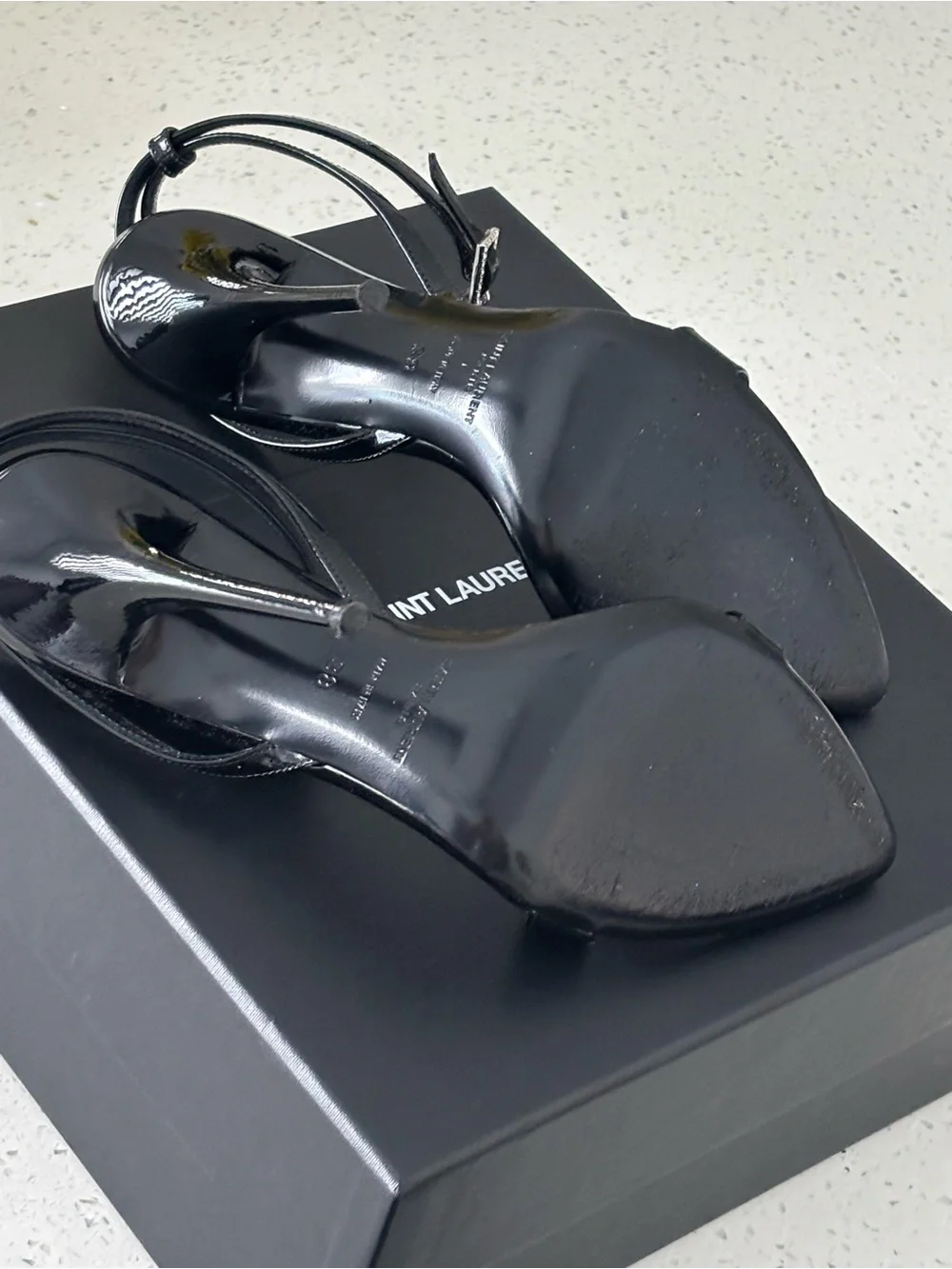 Saint Laurent Black Patent Slingback Heels with Crystal Buckles - Picture 5 of 7